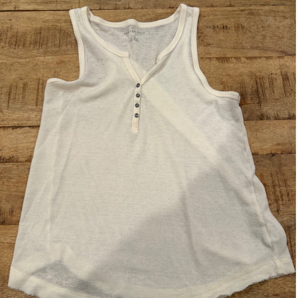 American Eagle Henley Tank Top Cream Waffle Knit Thermal Sleeveless Raw Hem